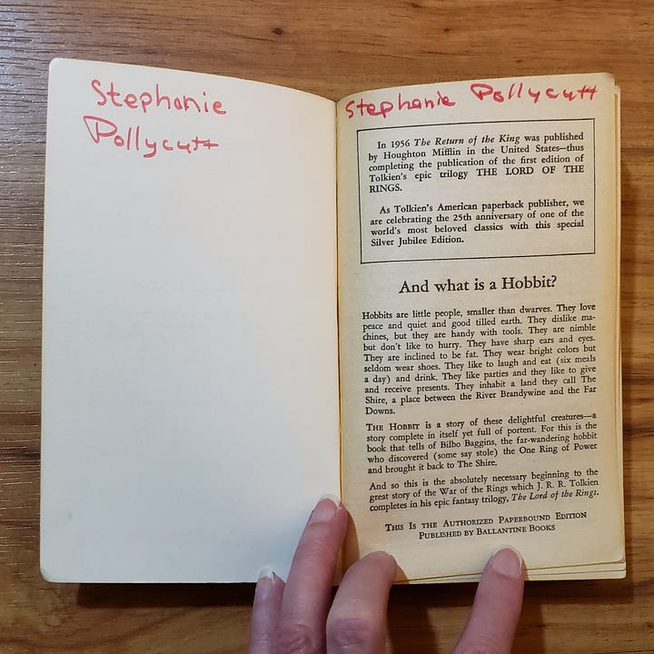 Photos of the cover and inside cover of my copy of The Hobbit.