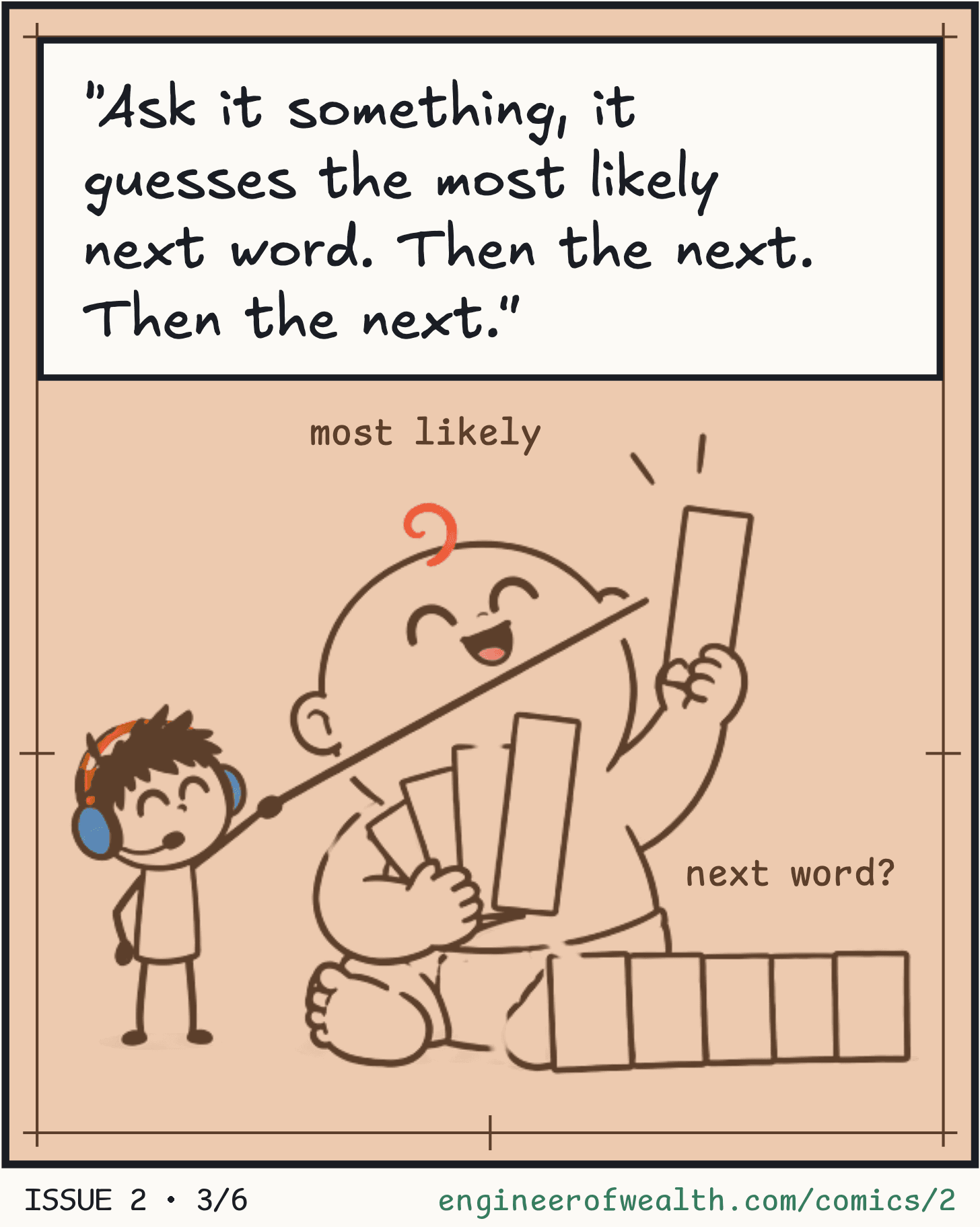 Diagram. Geek: Ask it something, it guesses the most likely next word. Then the next. Then the next. The baby holds up the tallest of its word cards.