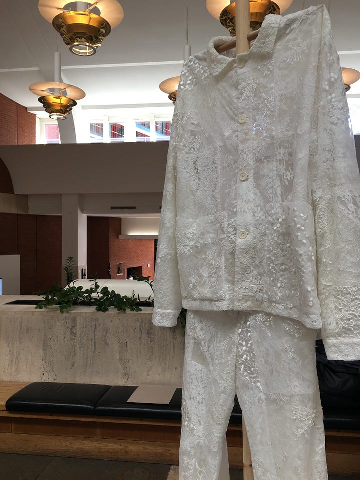 Phoebe English studio garments, showing innovative patchworking, and overdyeing, lace offcuts and silk offcuts techniques.