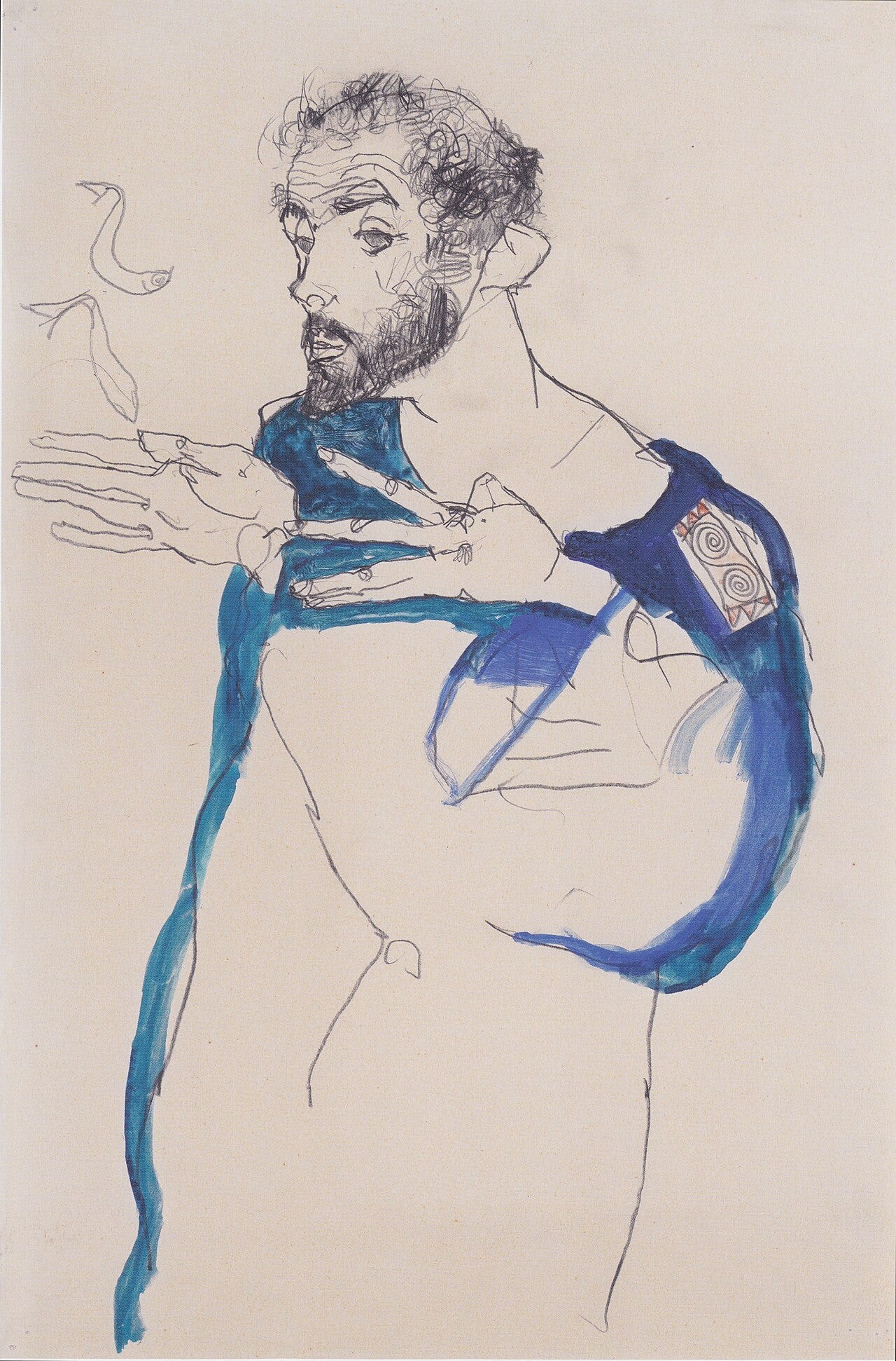 Drawing by Egon Schiele of Gustav Klimt standing in his long blue painter's smock