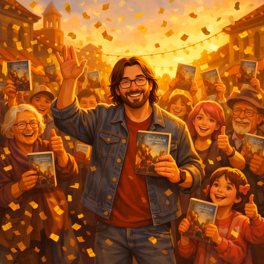 A happy author with a crowd of readers, illustrating the power of book reviews and community support.