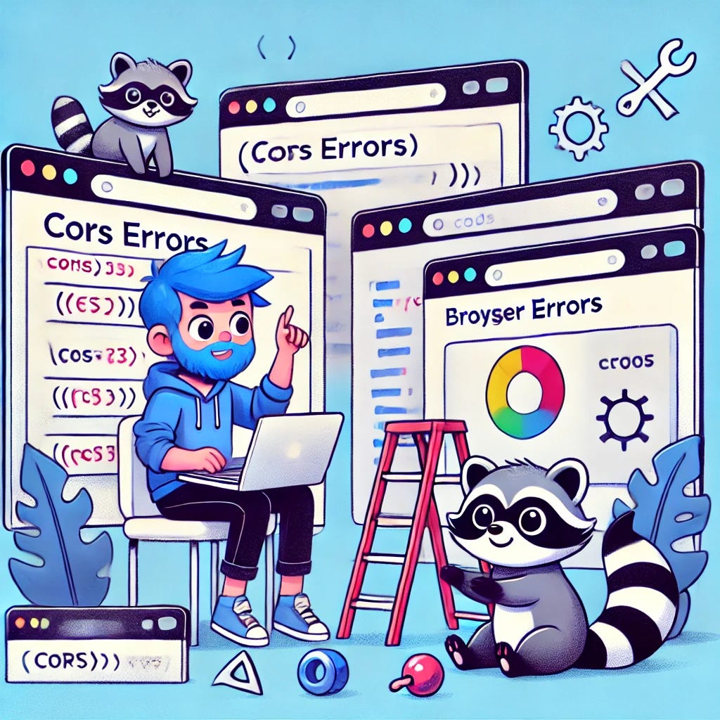 A comprehensive illustration of a developer surrounded by browsers showing CORS errors, while a curious raccoon helps solve them by tweaking browser settings. The scene has a light-hearted, playful feel with coding symbols around.