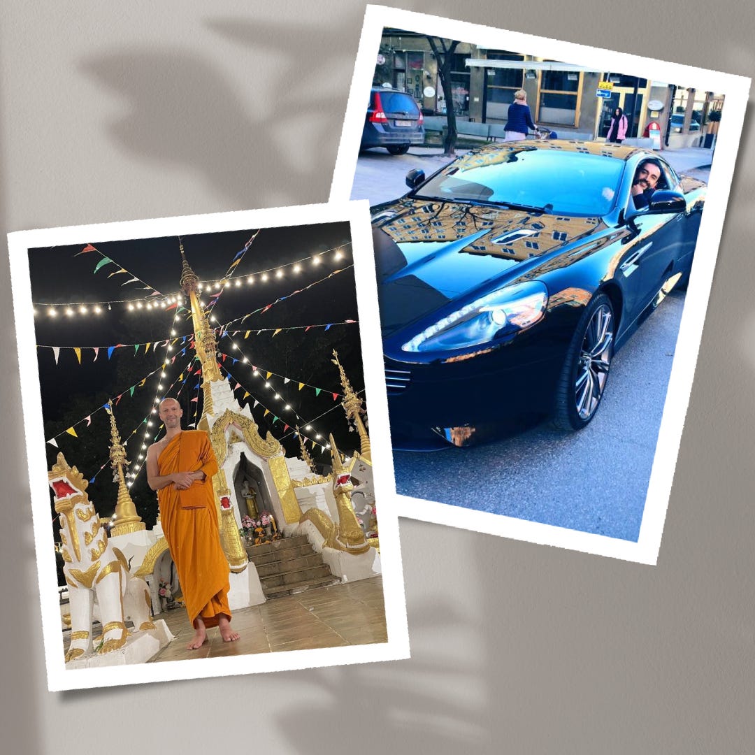 two images first image me in monk robs second image me in an aston martin