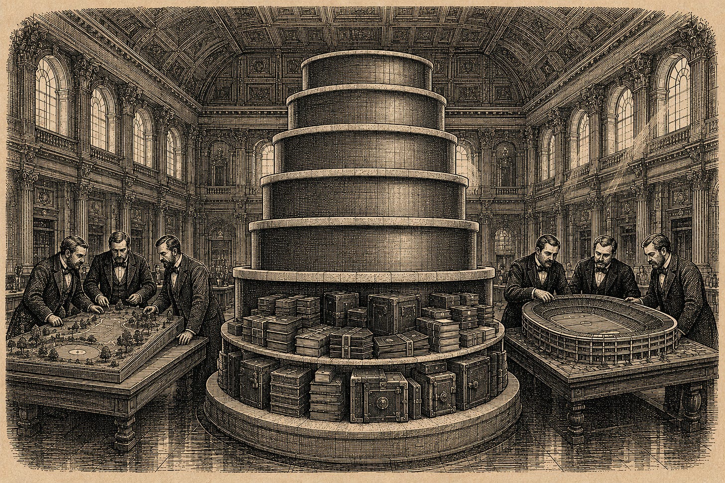 Wood-engraving editorial illustration in the Thomas Nast Harper's Weekly style for Attention Capital's essay The Largest Attention Allocator In The World. The image depicts a Victorian exchange floor with a five-tiered architectural plinth at the center. Only the bottom equity tier is filled with ledgers and strongboxes while the four tiers above (senior debt, mezzanine, contingency, structuring) sit empty. To one side, figures examine a model golf course and to the other side a model football stadium. The visual argument: the LIV Golf and Newcastle United acquisitions deployed sovereign capital entirely at the equity layer when the same cash flows would have supported senior debt, mezzanine, and contingency tranches at lower cost. Keywords: LIV Golf, Newcastle United, PIF, attention capital structure, sovereign equity, sports private credit. Wood-engraving editorial illustration in the Thomas Nast Harper's Weekly style for Attention Capital's essay The Largest Attention Allocator In The World. The image depicts a Victorian exchange floor with a five-tiered architectural plinth at the center. Only the bottom equity tier is filled with ledgers and strongboxes while the four tiers above (senior debt, mezzanine, contingency, structuring) sit empty. To one side, figures examine a model golf course and to the other side a model football stadium. The visual argument: the LIV Golf and Newcastle United acquisitions deployed sovereign capital entirely at the equity layer when the same cash flows would have supported senior debt, mezzanine, and contingency tranches at lower cost. Keywords: LIV Golf, Newcastle United, PIF, attention capital structure, sovereign equity, sports private credit.