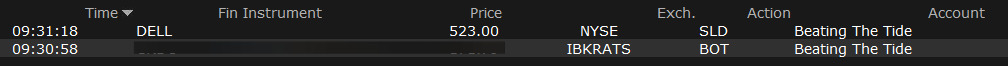 Today’s execution in the Beating The Tide account: DELL sold at $523.00 and the other position bought at $171.79, both at the open. Source: Interactive Brokers trade log, September 8, 2026. Today’s execution in the Beating The Tide account: DELL sold at $523.00 and the other position bought at $171.79, both at the open. Source: Interactive Brokers trade log, September 8, 2026.