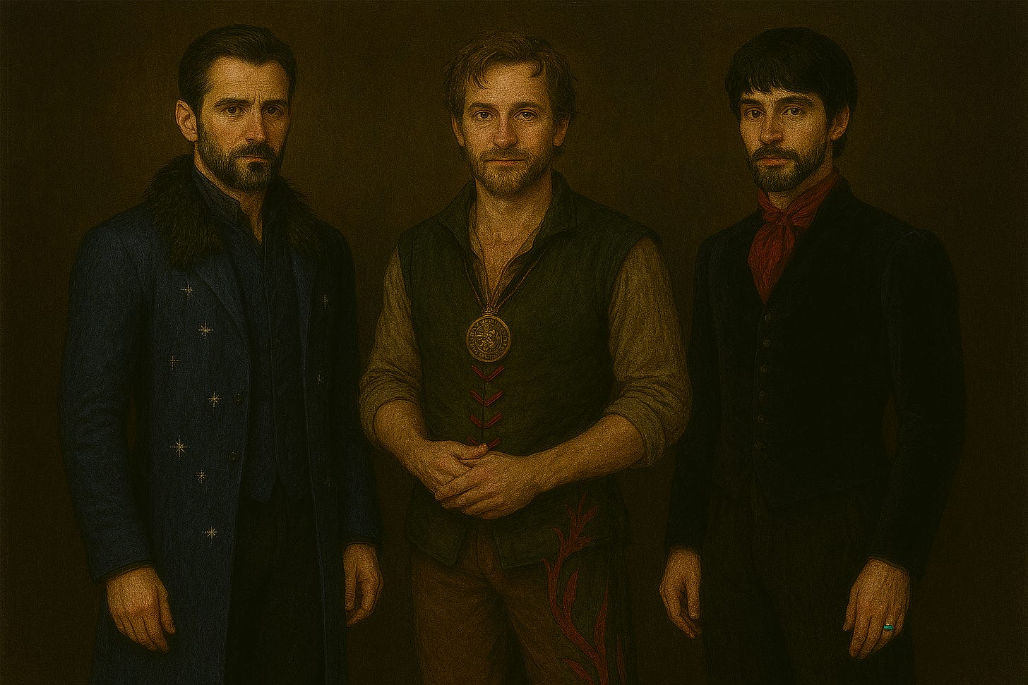 A portrait of three men standing together in their party attire, each rendered according to their defined feature palettes. Fleetwood stands tall and brooding, with a chiseled jawline, intense gaze, and dark hair swept back. He wears a midnight blue frock coat lined with raven feathers at the collar, subtle silver embroidery in the shape of falling stars glimmering across the shoulders and cuffs. A hidden clasp along the inner hem conceals a blade. He wears no cape. Greegan stands with wiry charm and a mischievous glint in his eye, his tousled blond hair and lean frame dressed in a deep forest green jerkin embossed with arcane glyphs for distraction. His brown suede breeches are sturdy and flexible, suited for acrobatics or escape. Around his neck hangs a faux-antique medallion depicting a wyvern curled around a mug. Felonious is slender and enigmatic, with tousled dark hair, expressive eyes, and a thoughtful expression. He wears a black velvet doublet tailored to impossible angles, a blood-red ascot enchanted to pulse when near deception, and sleek boots polished to a mirror sheen. On his index finger, he wears a ring of opal glass — for warding or mocking, uncertain. The three stand in soft lantern light against a backdrop of warm wood and shadowed stone, poised and radiant.