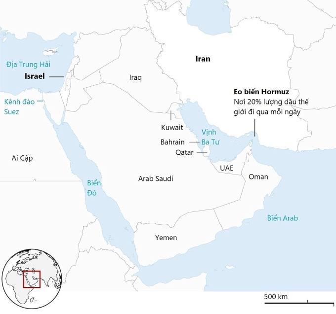 Vị trí eo biển Hormuz. Đồ họa: Guardian Vị trí eo biển Hormuz. Đồ họa: Guardian