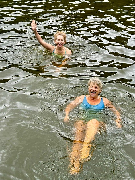 Women doing yoga, in the woods and in a lake