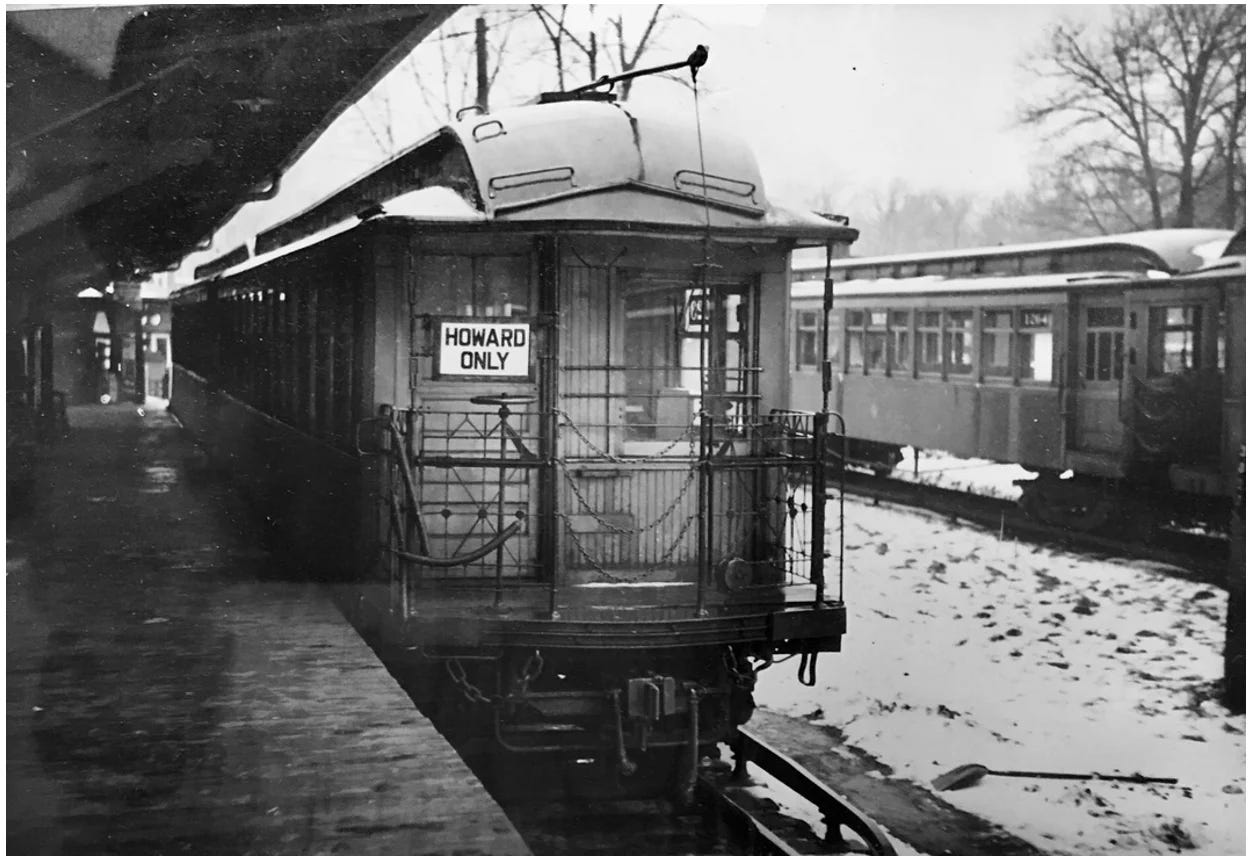 1950s CTA train about to leave the terminal at 4th and Linden in Wilmette, Illinois. Author’s found photo. Photographer unknown. 1950s CTA train about to leave the terminal at 4th and Linden in Wilmette, Illinois. Author’s found photo. Photographer unknown.