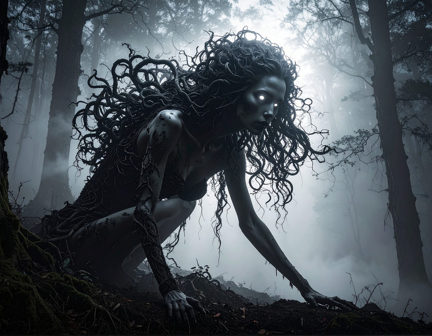 A shadowy, crouching female figure with glowing white eyes in a foggy forest