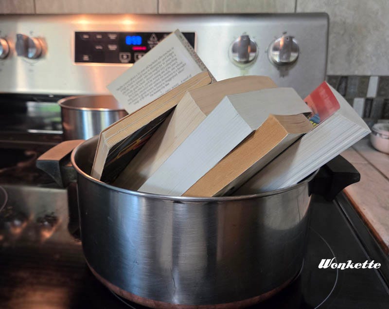 Photo of several books in a large pot on a stovetop 