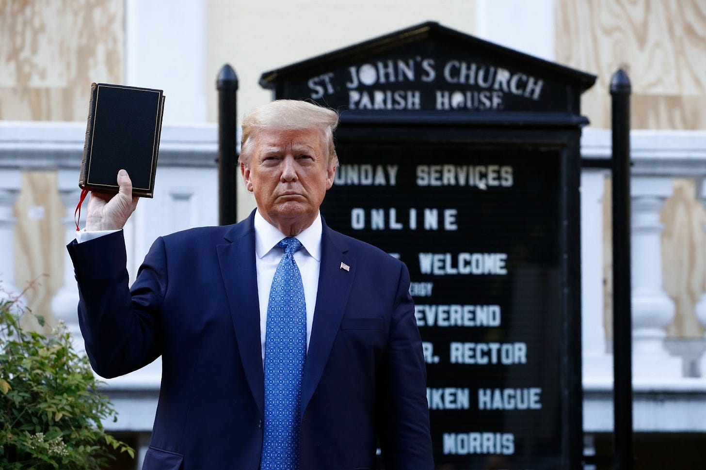 Donald Trump holds a Bible as he visits outside St. John’s Church across Lafayette Park after ordering protesters be forcibly removed from the square for the photo-op. (Patrick Semansky/AP) Donald Trump holds a Bible as he visits outside St. John’s Church across Lafayette Park after ordering protesters be forcibly removed from the square for the photo-op. (Patrick Semansky/AP)
