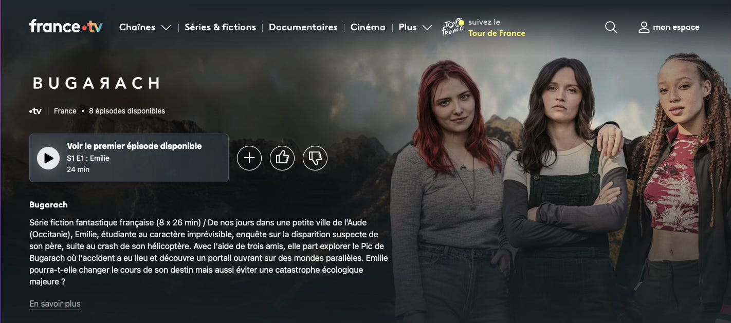 Affiche de présentation de la série Bugarach, France Télévision, 2024: au premier plan les trois héroïnes de l’histoire