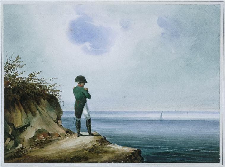 man in a cocked hat looking out to see with cloudy sky above and a sailing ship in the distance man in a cocked hat looking out to see with cloudy sky above and a sailing ship in the distance