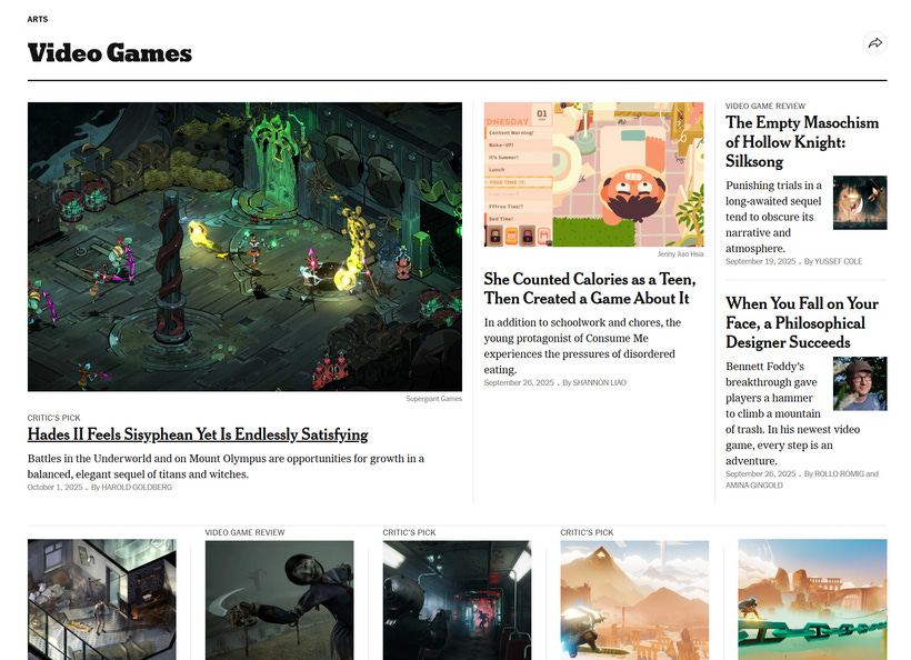 The tag page for video game coverage on the NYTimes features stories on Hades 2, Consume Me, Silksong, and more.