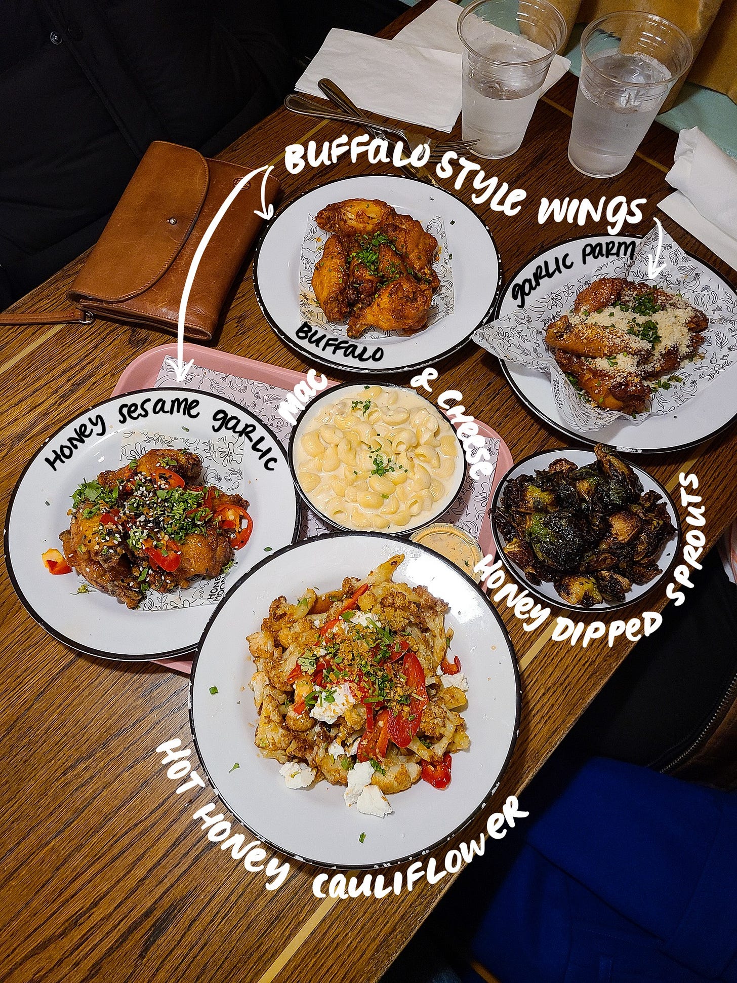 Honeymoon Chicken Buffalo Style Wings, mac and cheese, hot honey cauliflower