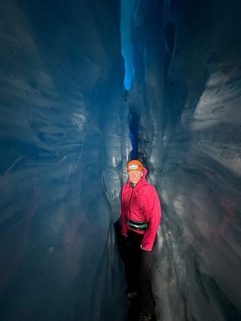 A picture of a white van next to the ocean, a picture of Liz inside a glacial ice cave, a picture of sandhill cranes on the beach in Alaska