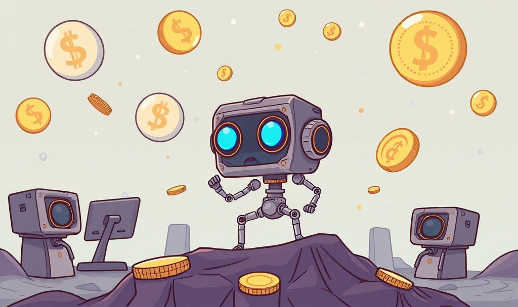 Robot standing on rock with coins falling from the sky.