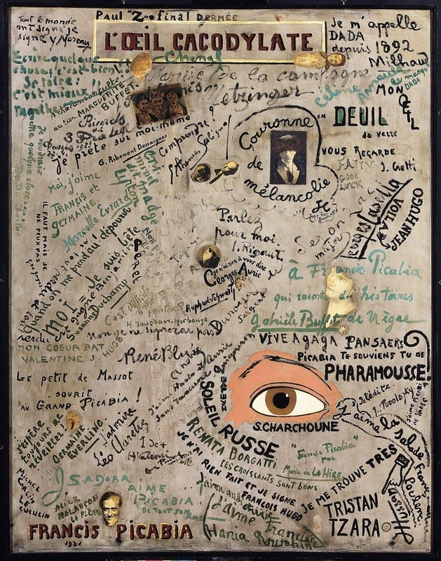 Francis Picabia, L'Oeil cacodylate, 1921, canvas covered in signatures around a single painted eye Francis Picabia, L'Oeil cacodylate, 1921, canvas covered in signatures around a single painted eye