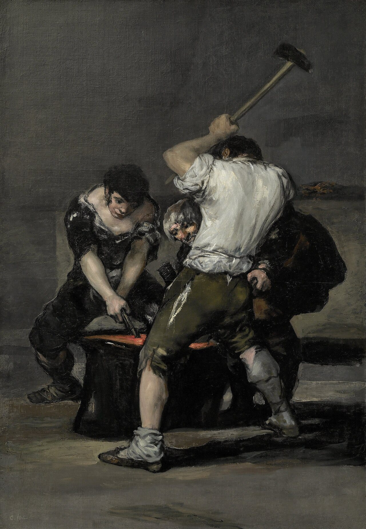 Goya's The Forge: a blacksmith raises a sledgehammer while a second smith holds glowing iron on the anvil with tongs Goya's The Forge: a blacksmith raises a sledgehammer while a second smith holds glowing iron on the anvil with tongs