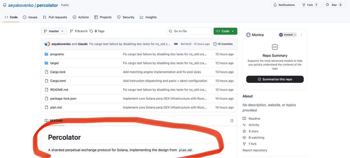 Screenshot of Percolator GitHub repository interface in web browser displaying project folders like programs accounts tests docs target with descriptions such as A sharded perpetual exchange protocol for Solana implementing the design in a-le highlighted in red box summary section noting recent updates about 12 hours ago and about section with project details.