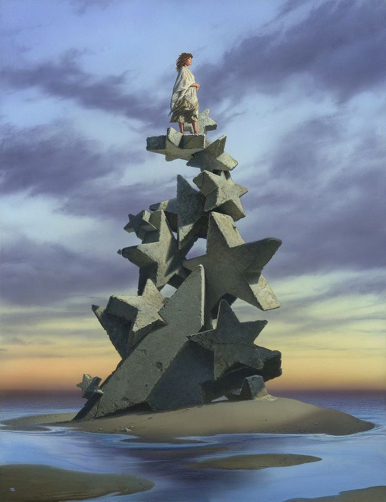 On an island of smooth sand surrounded by placid tide waters, a woman in white shawl stands facing the sunset atop an uneven stack of thick 5-pointed concrete stars. The shapes of various sizes are turned in all directions, casting shadows while intersecting chaotically as the tall stack tapers upward. The cluster stands 20 feet tall backed by almost smoky clouds crossing blue sky. The fading light of day bathes the woman as she stands barefooted on a star laid flat that serves as her makeshift platform. A band of peach and yellow lies well below her low on the watery horizon. On an island of smooth sand surrounded by placid tide waters, a woman in white shawl stands facing the sunset atop an uneven stack of thick 5-pointed concrete stars. The shapes of various sizes are turned in all directions, casting shadows while intersecting chaotically as the tall stack tapers upward. The cluster stands 20 feet tall backed by almost smoky clouds crossing blue sky. The fading light of day bathes the woman as she stands barefooted on a star laid flat that serves as her makeshift platform. A band of peach and yellow lies well below her low on the watery horizon.