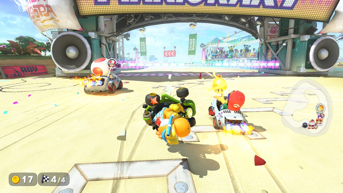 Yoshi spinning out just before the finish line