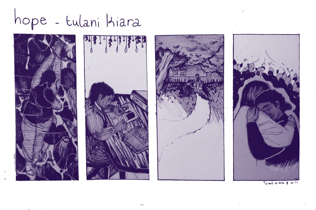 comic with four panels of a black nonbinary person swimming, creating art, being in community and being held