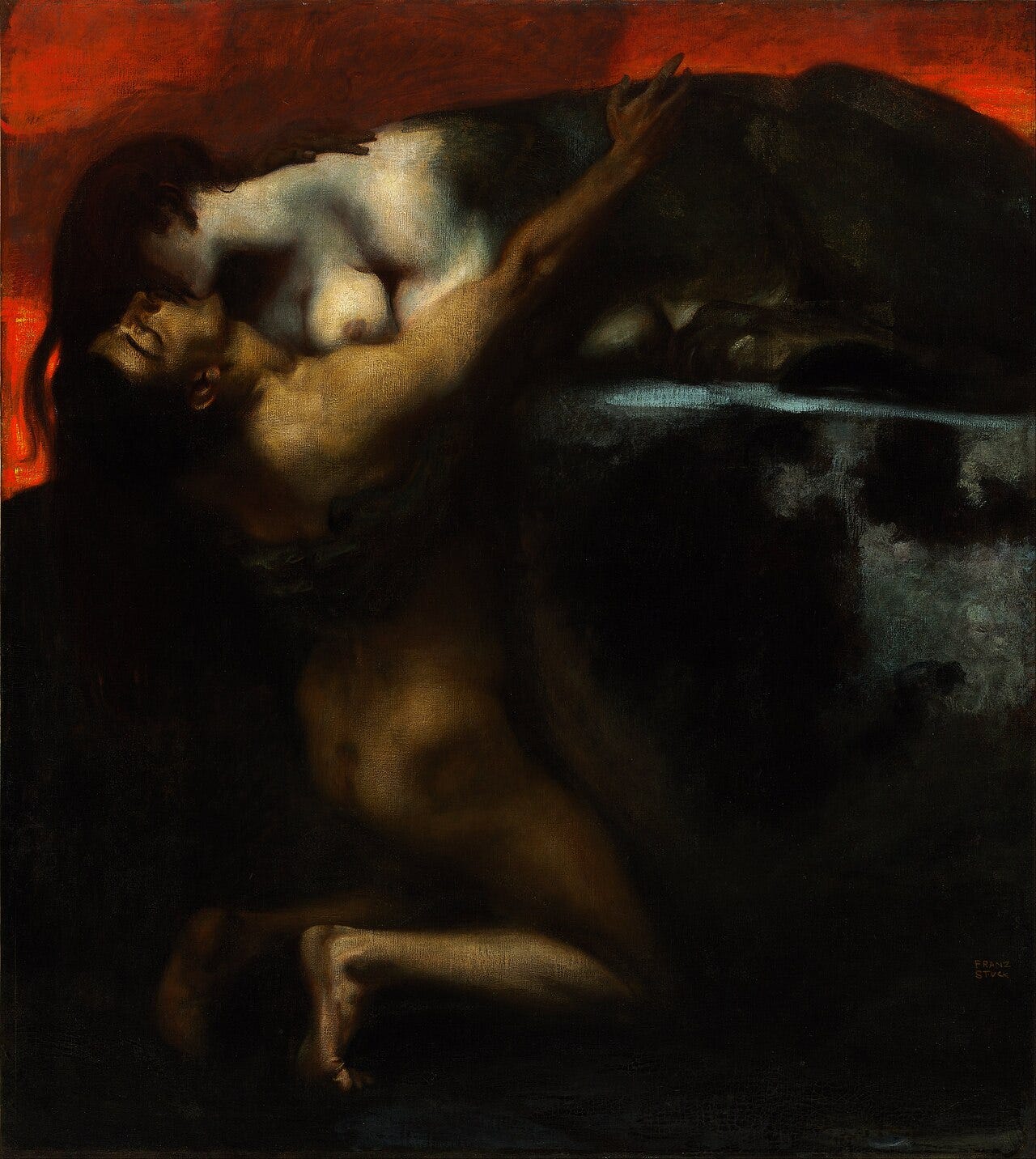 Winged sphinx kissing man
