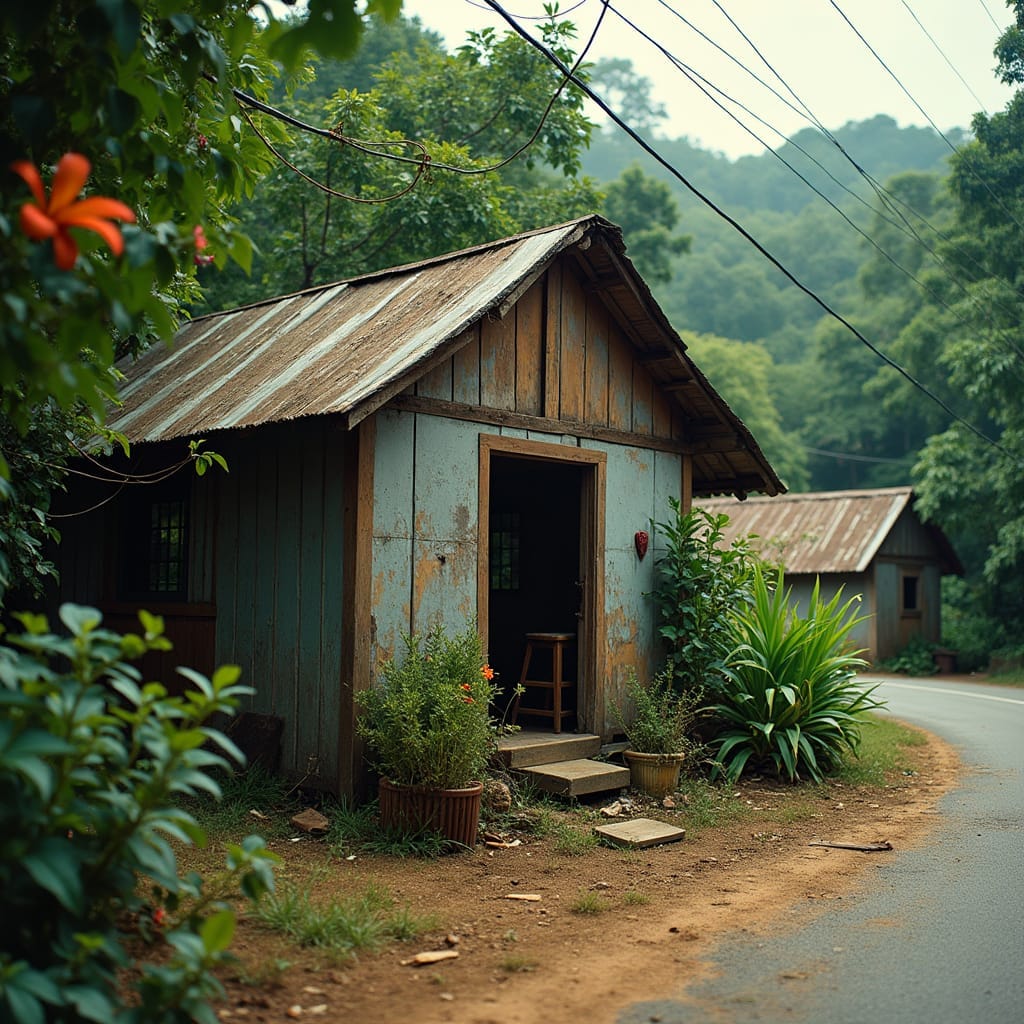 A rustic, weathered plywood and zinc restaurant, with a small, cozy house in the background, partially hidden behind a tangle of lush green foliage, on the side of a winding road in Jamaica. Scattered bits of worn wood and vibrant island flowers dot the scene.