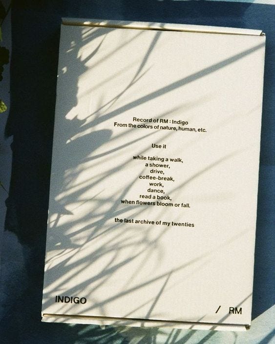 RM on the cover of his album Indigo. Indigo album with white background and black text with flower shadows on it.