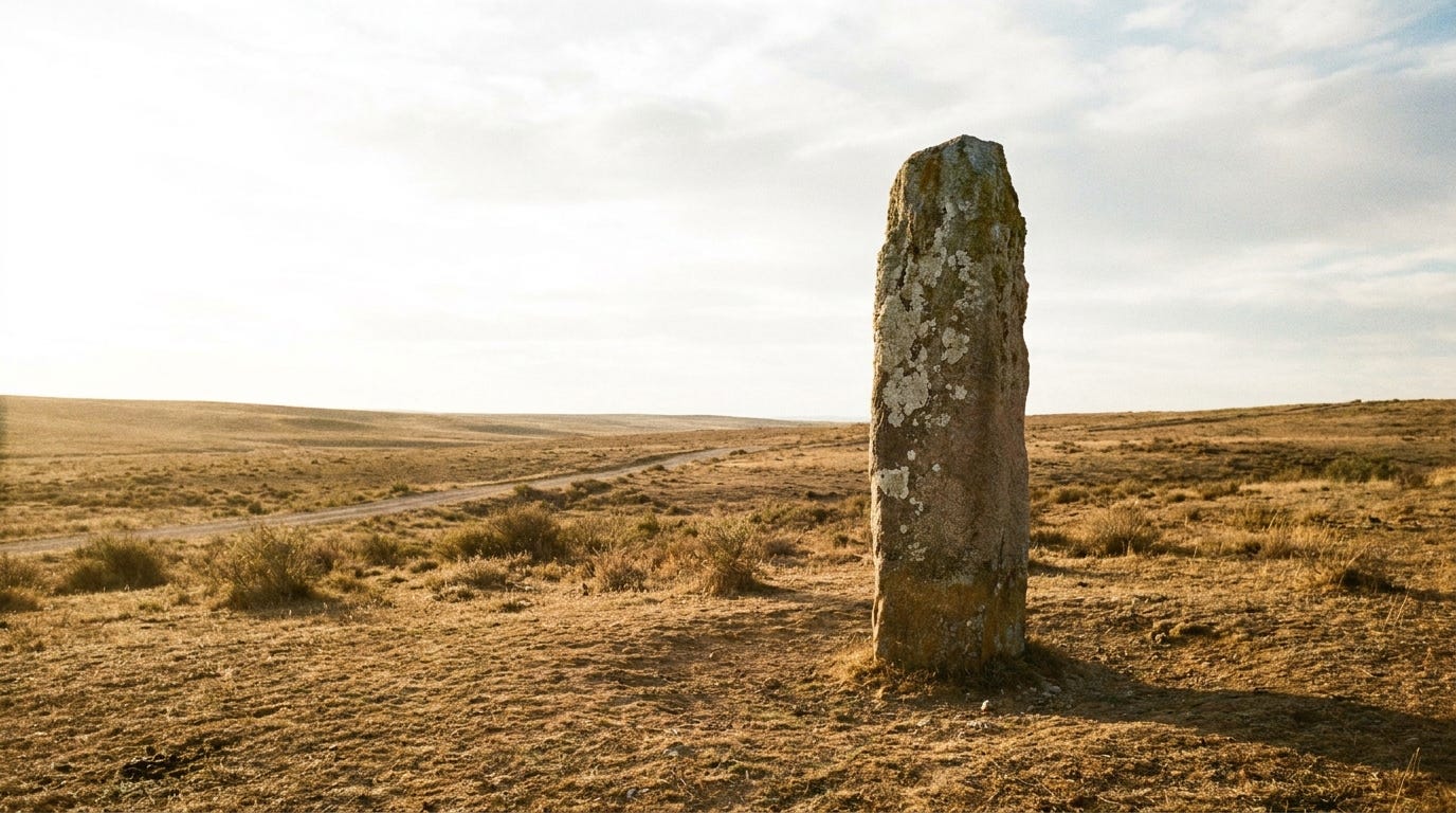 A single weathered ancient stone pillar standing firm on a bright open plain in clear golden morning light, warm sun on the pale rugged stone and dry ground, a vast luminous sky behind it, wide empty landscape, unstaged documentary style, no people, no faces, no text A single weathered ancient stone pillar standing firm on a bright open plain in clear golden morning light, warm sun on the pale rugged stone and dry ground, a vast luminous sky behind it, wide empty landscape, unstaged documentary style, no people, no faces, no text