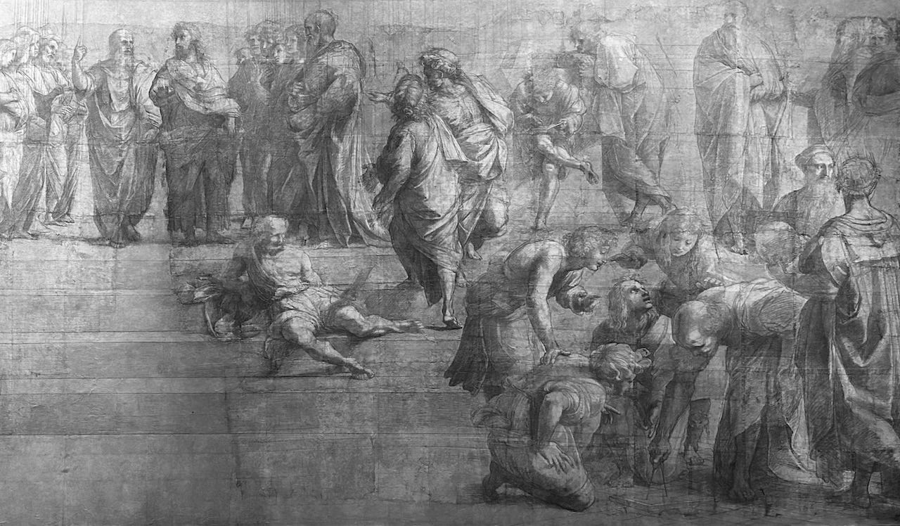 GPT-4o (edited): This image shows a portion of a preparatory cartoon for Raphael’s School of Athens. The artwork is drawn in grayscale and outlines figures in various dynamic poses. In the foreground, several figures are crouching and bending over, seemingly engaged in study, with one using a compass. Other figures in the background stand upright in conversation. A man reclines on steps while reading from a text held in his hand. The cartoon captures the intricate planning stages for one of the most iconic Renaissance frescoes, depicting philosophers and scholars from antiquity in active discourse. The scene is filled with movement and expression. GPT-4o (edited): This image shows a portion of a preparatory cartoon for Raphael’s School of Athens. The artwork is drawn in grayscale and outlines figures in various dynamic poses. In the foreground, several figures are crouching and bending over, seemingly engaged in study, with one using a compass. Other figures in the background stand upright in conversation. A man reclines on steps while reading from a text held in his hand. The cartoon captures the intricate planning stages for one of the most iconic Renaissance frescoes, depicting philosophers and scholars from antiquity in active discourse. The scene is filled with movement and expression.