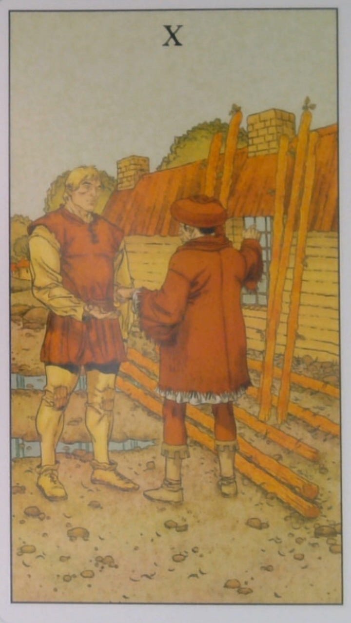 The 10 of Wands tarot card and the Freedom oracle card.