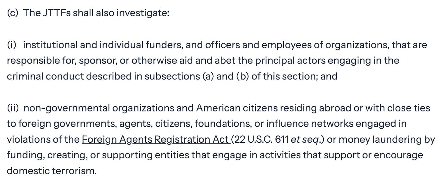 (c) The JTTFs shall also investigate: (i) institutional and individual funders, and officers and employees of organizations, that are responsible for, sponsor, or otherwise aid and abet the principal actors engaging in the criminal conduct described in subsections (a) and (b) of this section; and (ii) non-governmental organizations and American citizens residing abroad or with close ties to foreign governments, agents, citizens, foundations, or influence networks engaged in violations of the Foreign Agents Registration Act (22 U.S.C. 611 et seq.) or money laundering by funding, creating, or supporting entities that engage in activities that support or encourage domestic terrorism.