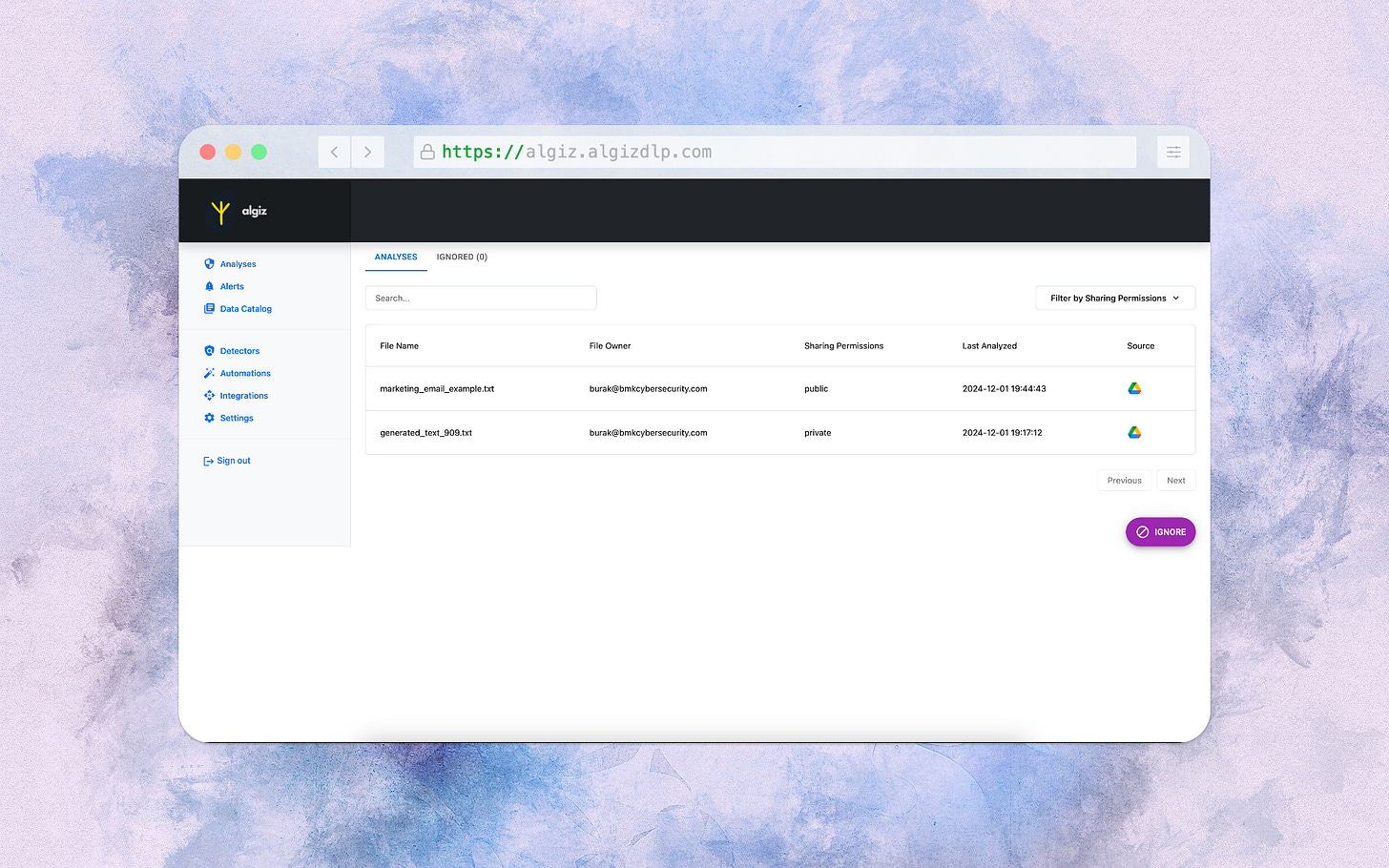 A screenshot showcasing the Analyses UI for Algiz with a searchable table