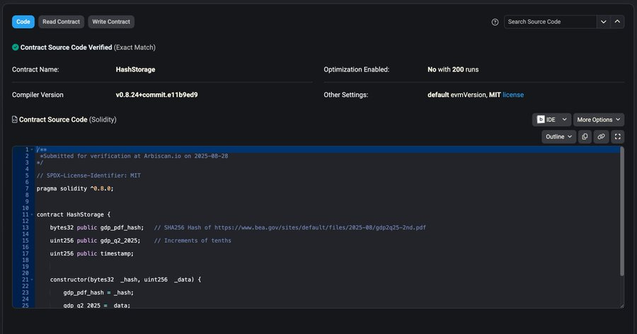 A screenshot of a webpage from Arbiscan showing a smart contract code interface. The interface displays contract details including a name, verification status, and optimization settings. Code in a dark-themed editor is visible with syntax highlighting, showing functions and variables.
