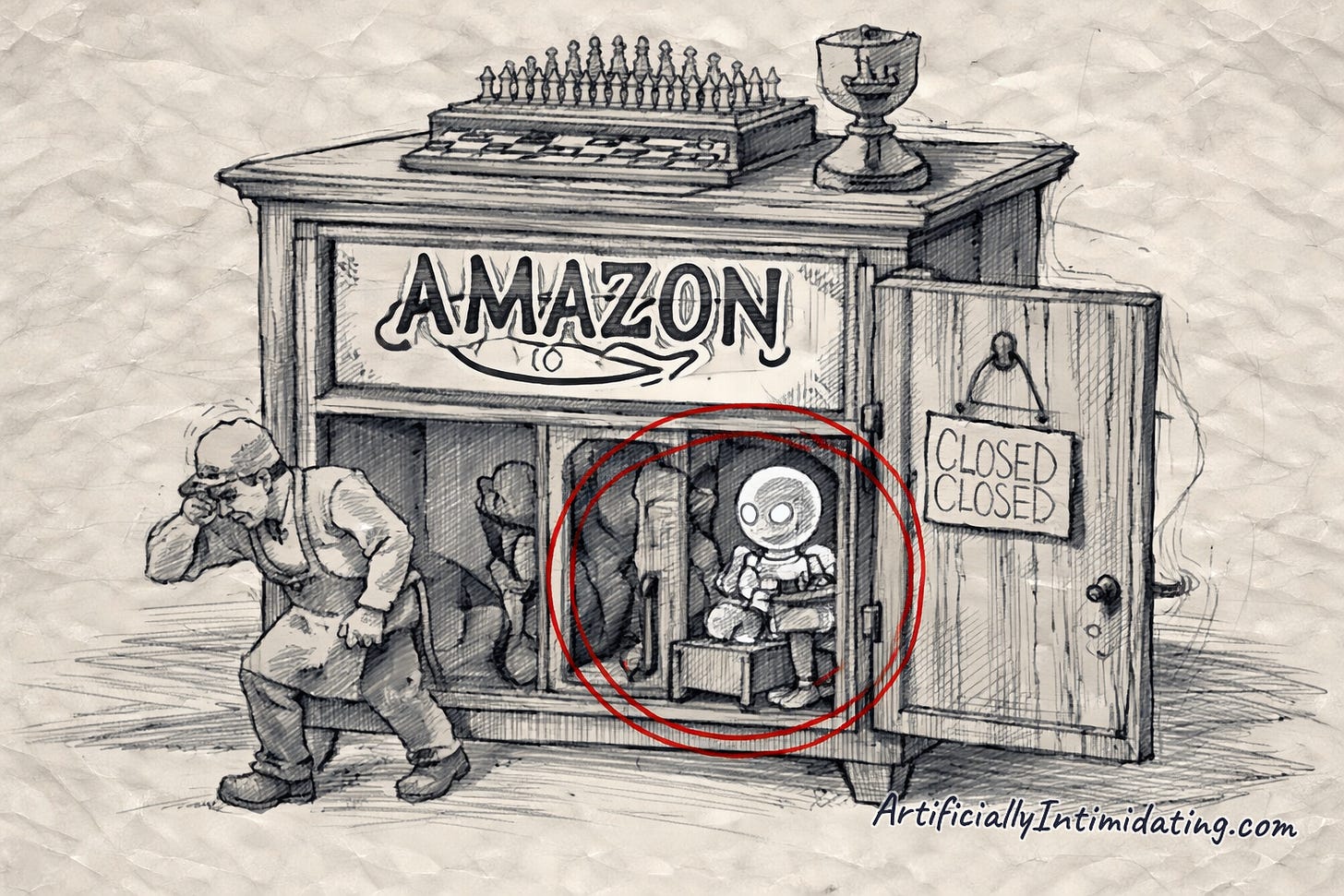 A hand-drawn cartoon of the 18th-century Mechanical Turk chess automaton stamped with the Amazon logo, its cabinet open and a CLOSED sign hanging off it.