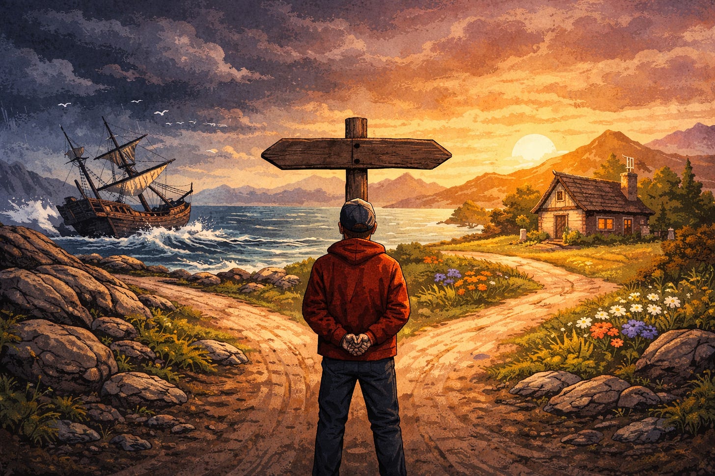 Man looking at a shipwreck and then a peaceful house on a fork in the road