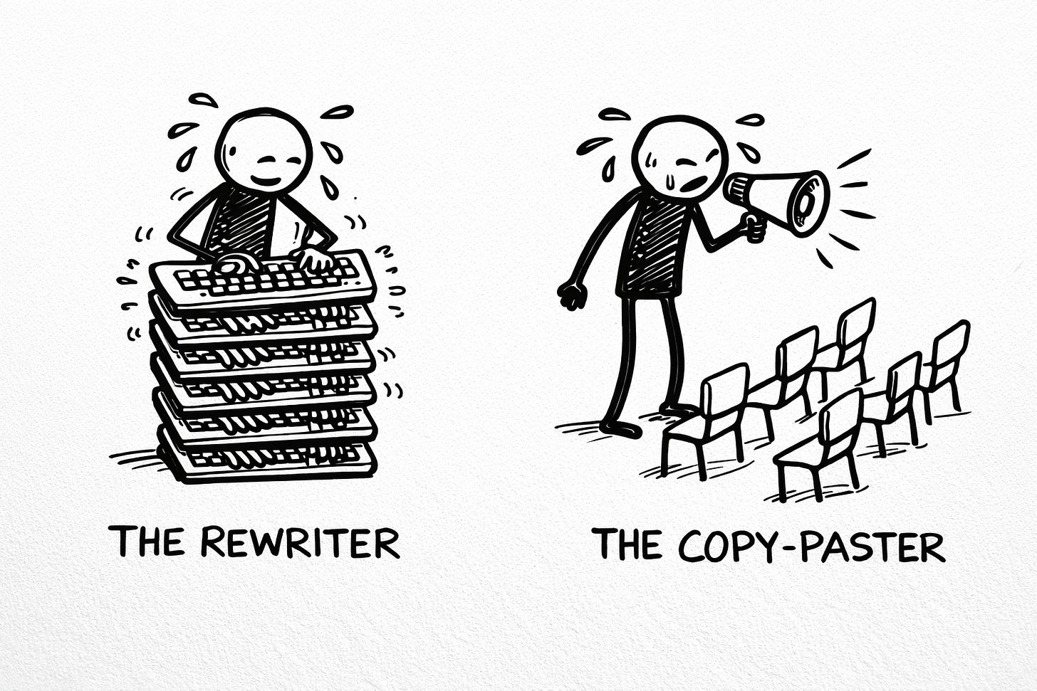 Black-and-white Sharpie sketch showing two stick figures side by side. The Rewriter sits sweating on a stack of eight keyboards, frantically typing on all of them. The Copy-Paster shouts through a megaphone at rows of empty chairs. Both illustrate the two failed approaches to content repurposing across platforms. Black-and-white Sharpie sketch showing two stick figures side by side. The Rewriter sits sweating on a stack of eight keyboards, frantically typing on all of them. The Copy-Paster shouts through a megaphone at rows of empty chairs. Both illustrate the two failed approaches to content repurposing across platforms.