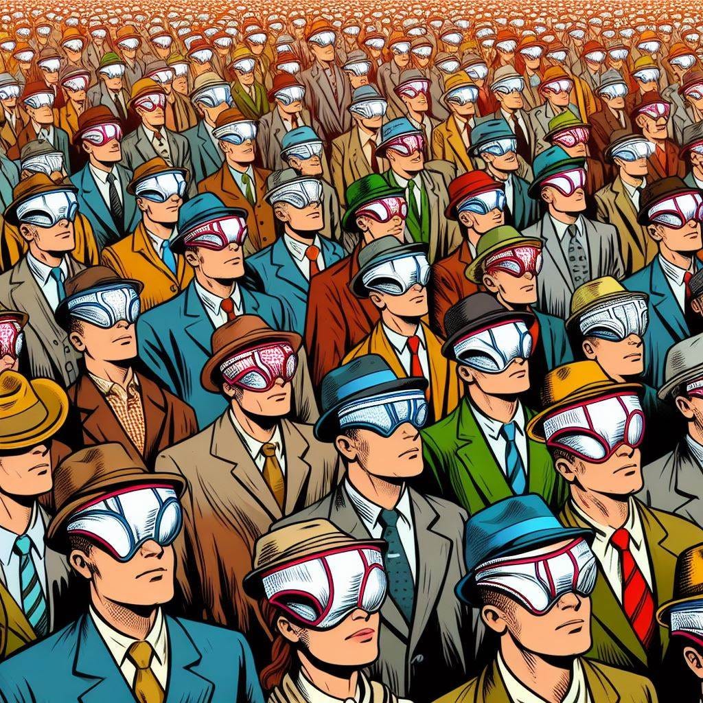 crowd wearing underoos as hats pop art