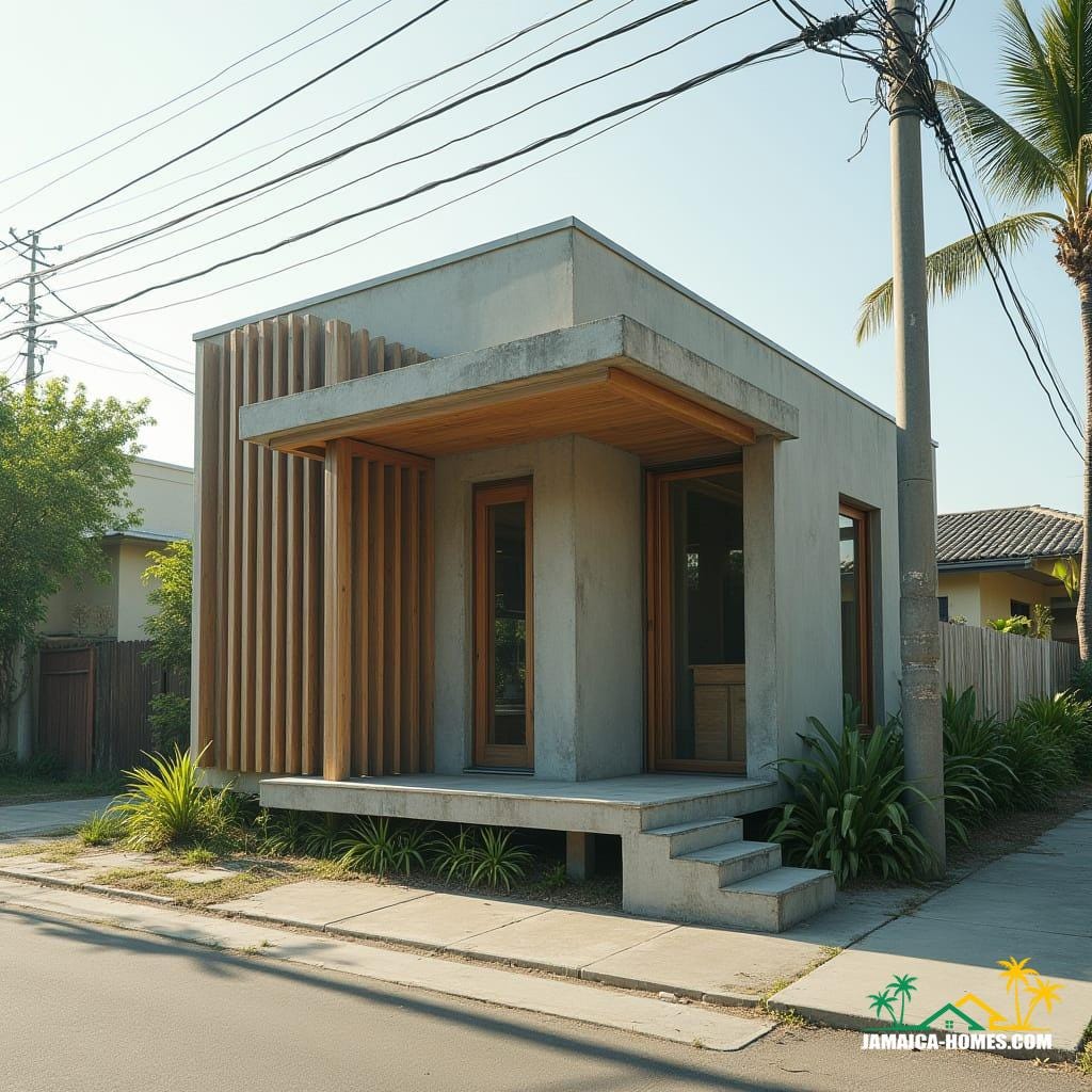 Kingston Minimalist Micro Home
Design: Single 20-ft module with front timber pergola and small patio.
Materials: Concrete, steel, glass, timber for outdoor area.
Features: Rainwater harvesting, solar panels, thin vertical windows, ventilated roof.
Environment: Small urban lot, paved streets, tropical sunlight.
Style Notes: Compact, ultra-modern, sustainable, cozy but stylish.