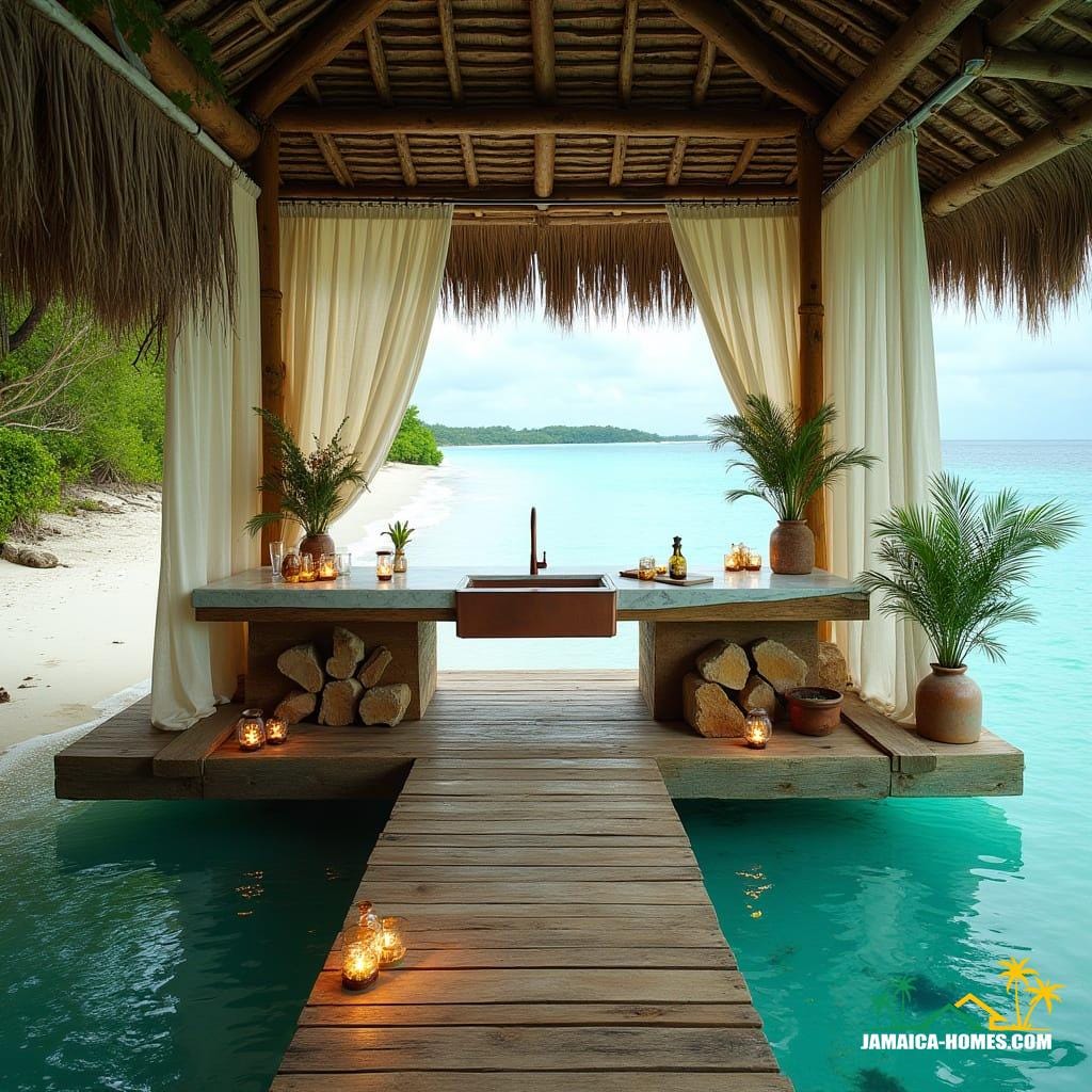 A serene, driftwood-hewn floating kitchen, anchored in the crystalline turquoise waters of Ocho Rios