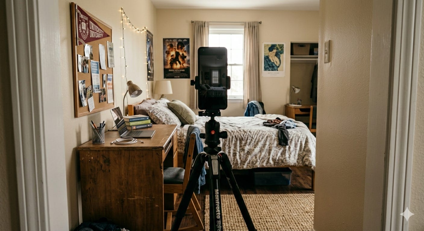 A smartphone tripod pointed toward a desk in a college dorm room. 