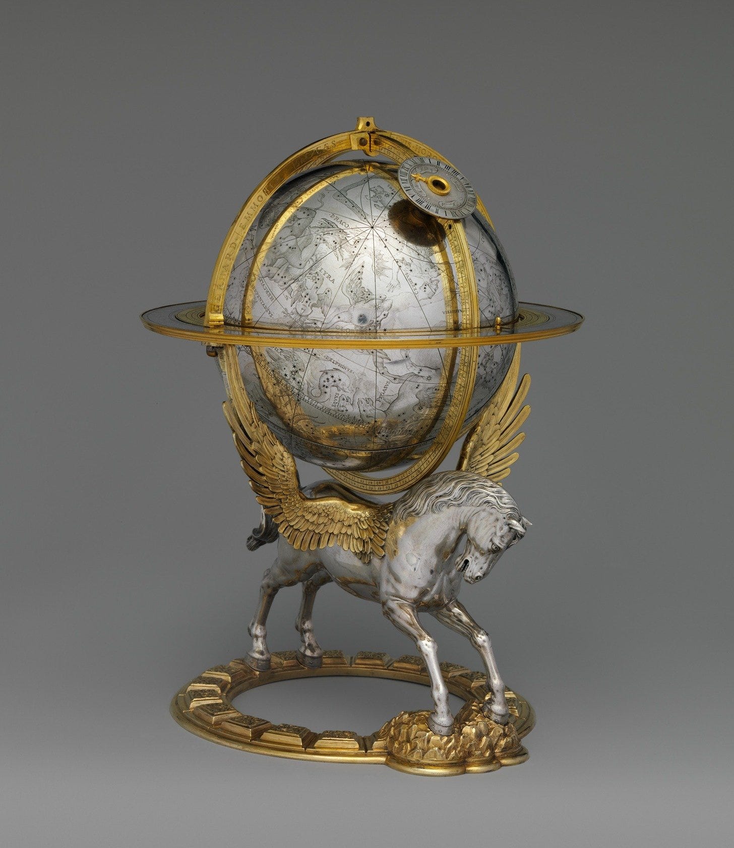 A silver celestial globe engraved with constellations and driven by internal clockwork, carried on the back of a winged silver Pegasus, Vienna, 1579 A silver celestial globe engraved with constellations and driven by internal clockwork, carried on the back of a winged silver Pegasus, Vienna, 1579