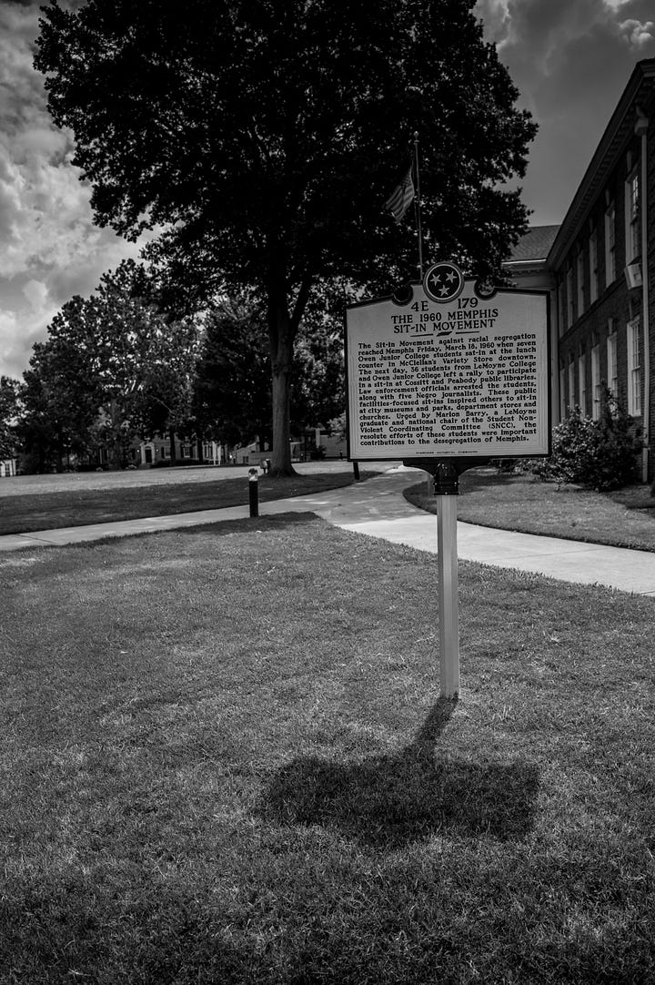 scenes from around campus including a dedication from the Class of 1977, a poem about the alma mater, historical markers, and images of historical hallway in admin building