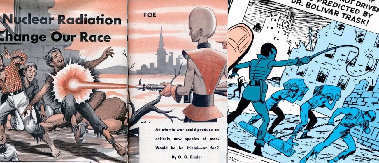 Compare the cruel Homo Superior mutants lording over mankind amidst the ruins of human civilization in the Binder Mechanix Illustrated article with the cruel  mutants lording over mankind amidst the ruins of human civilization in the Bolivar Trask article in X-Men #14.  Compare the cruel Homo Superior mutants lording over mankind amidst the ruins of human civilization in the Binder Mechanix Illustrated article with the cruel  mutants lording over mankind amidst the ruins of human civilization in the Bolivar Trask article in X-Men #14.