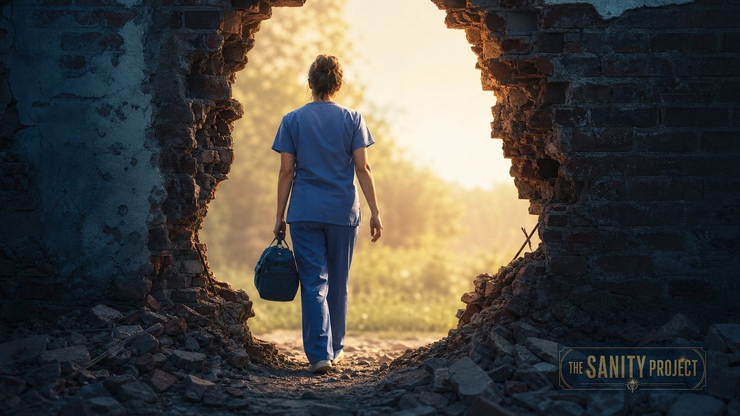 A healthcare worker walking through a broken wall toward light, symbolizing labour mobility reform under the One Canadian Economy Act. A healthcare worker walking through a broken wall toward light, symbolizing labour mobility reform under the One Canadian Economy Act.