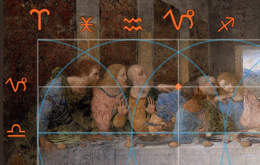 The 11th (Aquarian) disciple points to 0° Capricorn in Leonardo’s zodiacal Last Supper. (Illustration, Lori Tompkins, 2026)