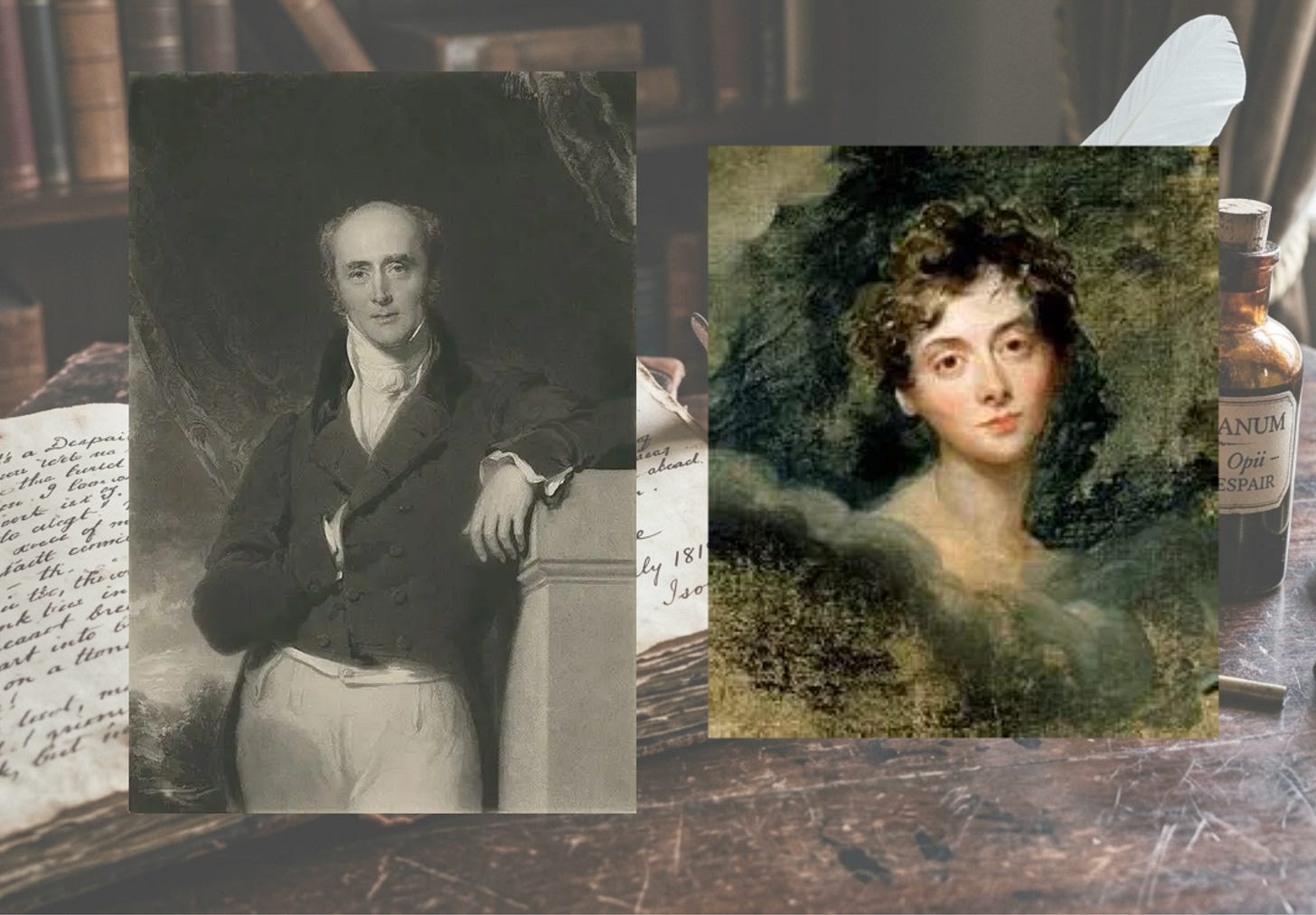Lord Melbourne and Lady Caroline sit in portrait on top of a writing scroll and diary Lord Melbourne and Lady Caroline sit in portrait on top of a writing scroll and diary